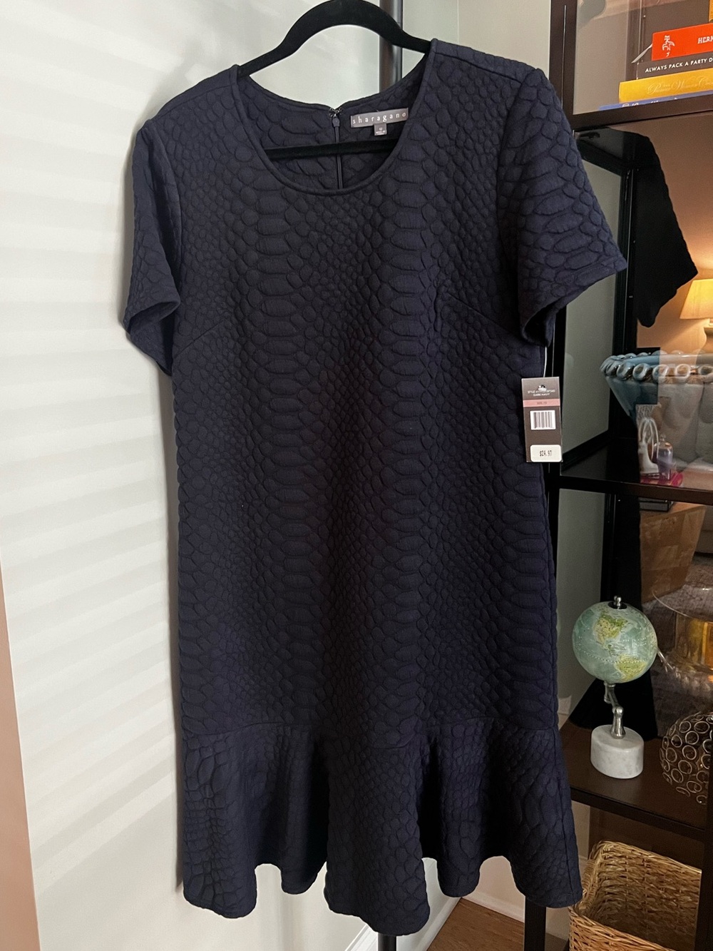 Sharagano Navy Textured Ruffle-Hem Short Sleeve Dress